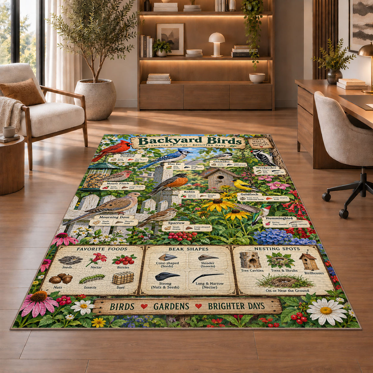 Backyard Birds Garden Guide Rug shown beside a lounge chair and wooden shelving