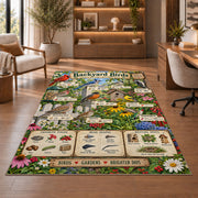 Backyard Birds Garden Guide Rug shown beside a lounge chair and wooden shelving