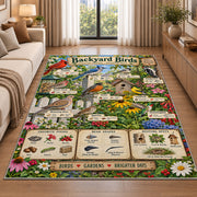 Backyard Birds Garden Guide Rug shown beside a sofa in a bright living room