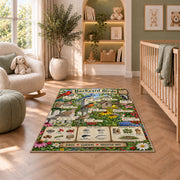 Backyard Birds Garden Guide Rug shown in a nursery with a cot and soft toys