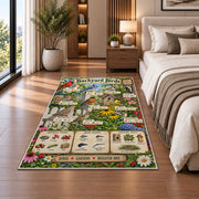 Backyard Birds Garden Guide Rug shown beside a bed with neutral bedding