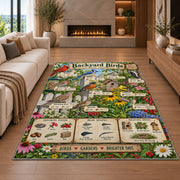 Backyard Birds Garden Guide Rug shown in a living room with a fireplace
