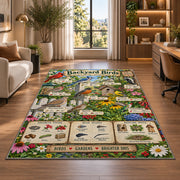 Backyard Birds Garden Guide Rug shown near large windows and a sofa