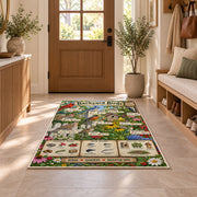 Backyard Birds Garden Guide Rug shown in an entryway near a wooden door
