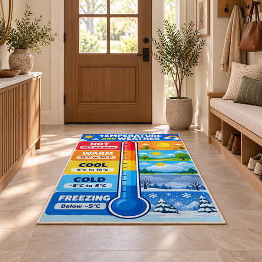 Temperature and Weather Chart Rug shown in an entryway near a wooden door