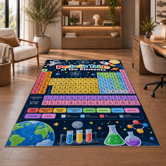 Periodic Table Chemistry Rug shown beside a lounge chair and wooden shelving