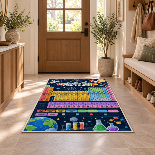 Periodic Table Chemistry Rug shown in an entryway near a wooden door
