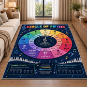 Circle of Fifths Music Theory Rug shown beside a sofa in a bright living room