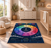 Circle of Fifths Music Theory Rug shown in a sunlit nursery beside a white cot