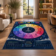 Circle of Fifths Music Theory Rug shown near large windows and a sofa