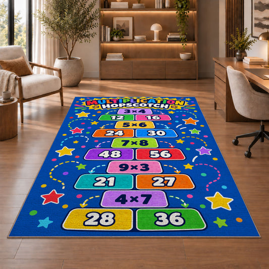 Multiplication Hopscotch Rug shown beside a lounge chair and wooden shelving