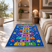 Multiplication Hopscotch Rug shown in a bedroom by a garden window