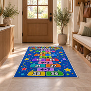 Multiplication Hopscotch Rug shown in an entryway near a wooden door