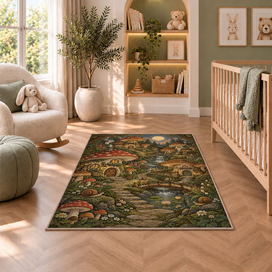 Enchanted Mushroom Village Rug shown in a nursery with a cot and soft toys