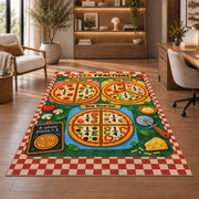 Pizza Fractions Chart Rug shown beside a lounge chair and wooden shelving