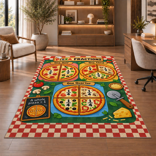 Pizza Fractions Chart Rug shown beside a lounge chair and wooden shelving