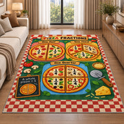 Pizza Fractions Chart Rug shown beside a sofa in a bright living room