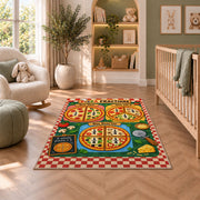 Pizza Fractions Chart Rug shown in a nursery with a cot and soft toys