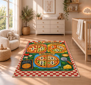 Pizza Fractions Chart Rug shown in a sunlit nursery beside a white cot