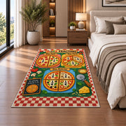 Pizza Fractions Chart Rug shown beside a bed with neutral bedding