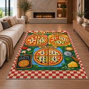 Pizza Fractions Chart Rug shown in a living room with a fireplace