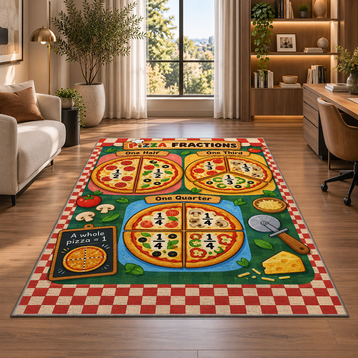 Pizza Fractions Chart Rug shown near large windows and a sofa