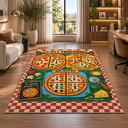 Pizza Fractions Chart Rug shown near large windows and a sofa