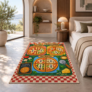 Pizza Fractions Chart Rug shown in a bedroom by a garden window
