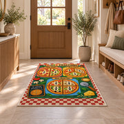 Pizza Fractions Chart Rug shown in an entryway near a wooden door