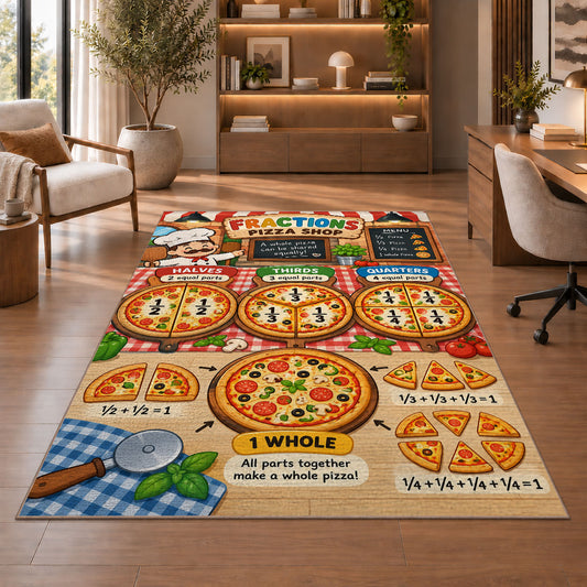 Pizza Shop Fraction Rug shown beside a lounge chair and wooden shelving