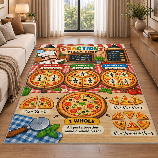 Pizza Shop Fraction Rug shown beside a sofa in a bright living room