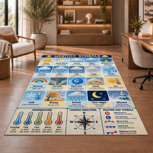 Weather Symbols Learning Rug shown beside a lounge chair and wooden shelving