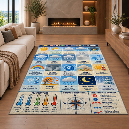 Weather Symbols Learning Rug shown in a living room with a fireplace