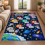 Space Multiplication Mission Rug shown beside a sofa in a bright living room