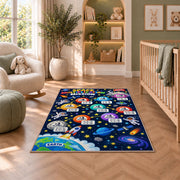 Space Multiplication Mission Rug shown in a nursery with a cot and soft toys