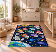 Space Multiplication Mission Rug shown in a sunlit nursery beside a white cot