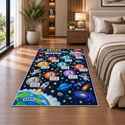 Space Multiplication Mission Rug shown beside a bed with neutral bedding