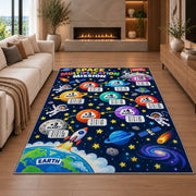 Space Multiplication Mission Rug shown in a living room with a fireplace