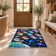 Space Multiplication Mission Rug shown in an entryway near a wooden door