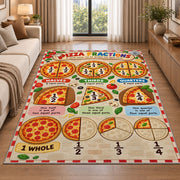 Pizza Slice Fraction Guide Rug shown beside a sofa in a bright living room