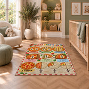 Pizza Slice Fraction Guide Rug shown in a nursery with a cot and soft toys