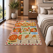 Pizza Slice Fraction Guide Rug shown beside a bed with neutral bedding