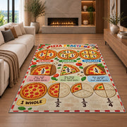 Pizza Slice Fraction Guide Rug shown in a living room with a fireplace
