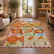 Pizza Slice Fraction Guide Rug shown near large windows and a sofa