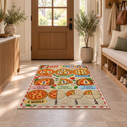 Pizza Slice Fraction Guide Rug shown in an entryway near a wooden door