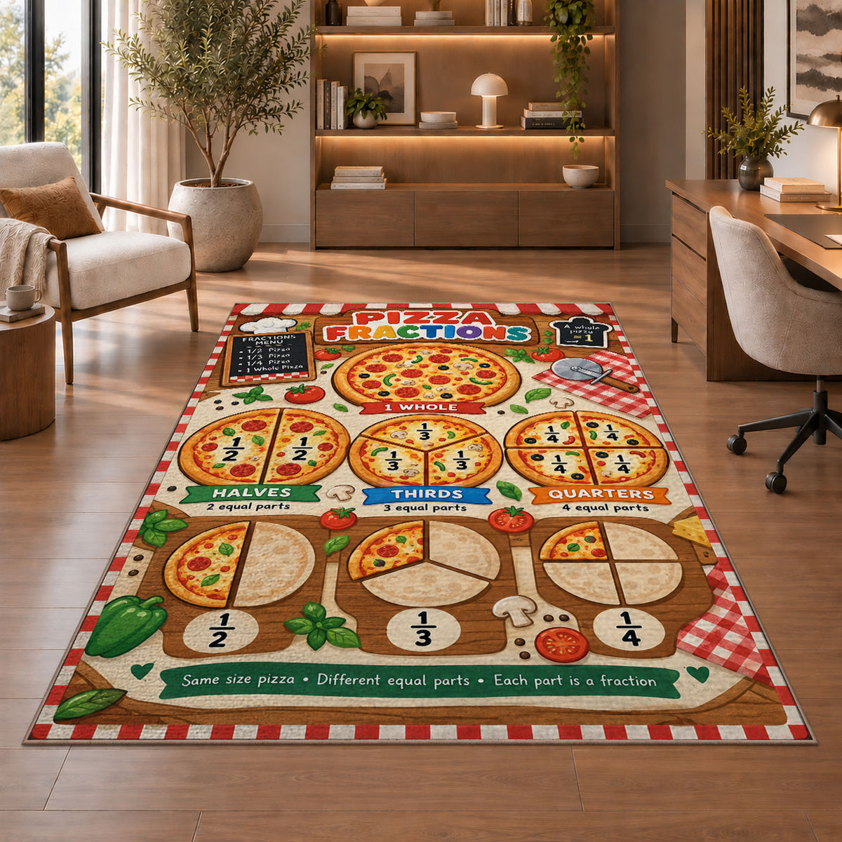 Pizza Portions Fraction Rug shown beside a lounge chair and wooden shelving
