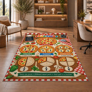 Pizza Portions Fraction Rug shown beside a lounge chair and wooden shelving