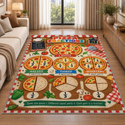 Pizza Portions Fraction Rug shown beside a sofa in a bright living room