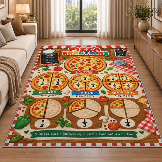 Pizza Portions Fraction Rug shown beside a sofa in a bright living room