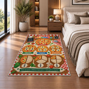 Pizza Portions Fraction Rug shown beside a bed with neutral bedding
